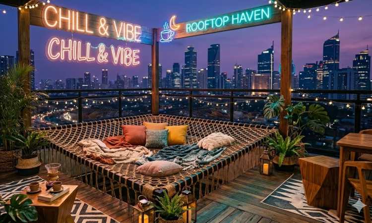 Cafe rooftop Neon Flex dan Jaring Hammock, Sumber: Gemini AI