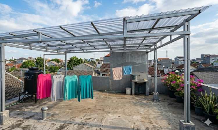 Jemuran Rooftop dengan Kanopi Spandek Transparan, Sumber: Gemini AI