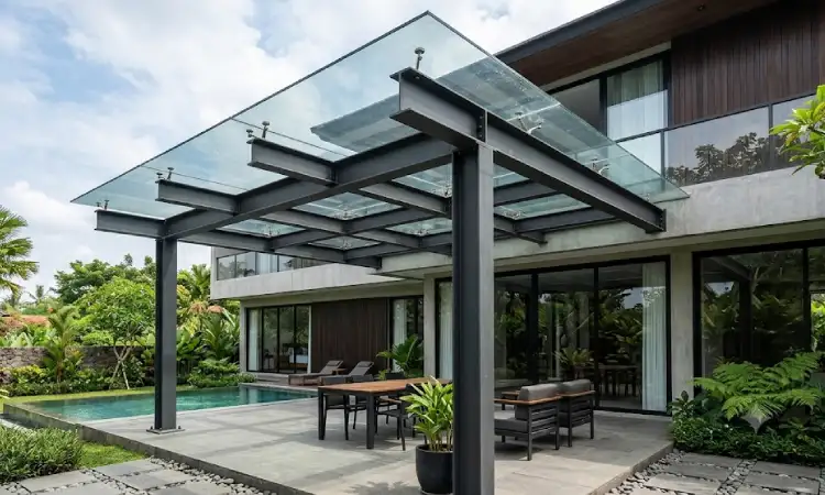 Kanopi Kaca Tempered dengan Rangka Baja I-Beam, Sumber: AI