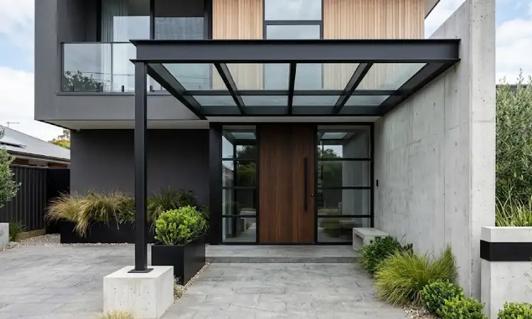 Kanopi pintu masuk kantor minimalis, Sumber: AI