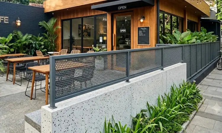 Pagar Semen Terrazzo dengan Plat Besi Berlubang, Sumber: AI