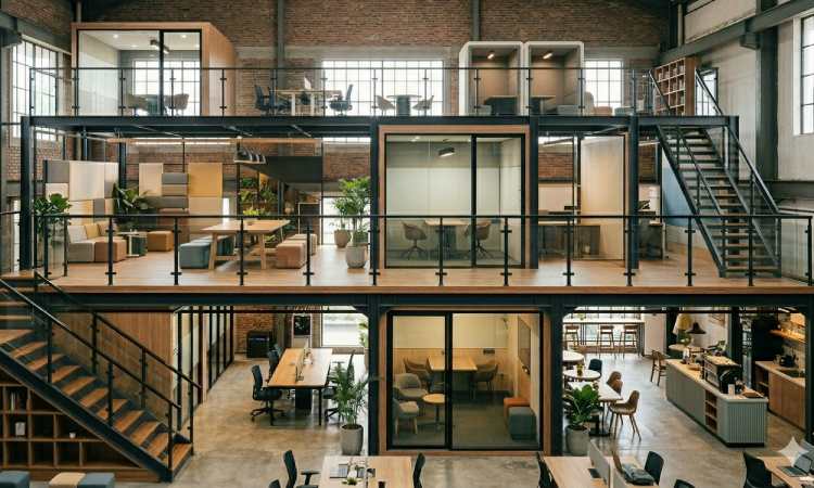 Mezzanine untuk coworking space dengan konsep modular, Sumber: Gemini AI